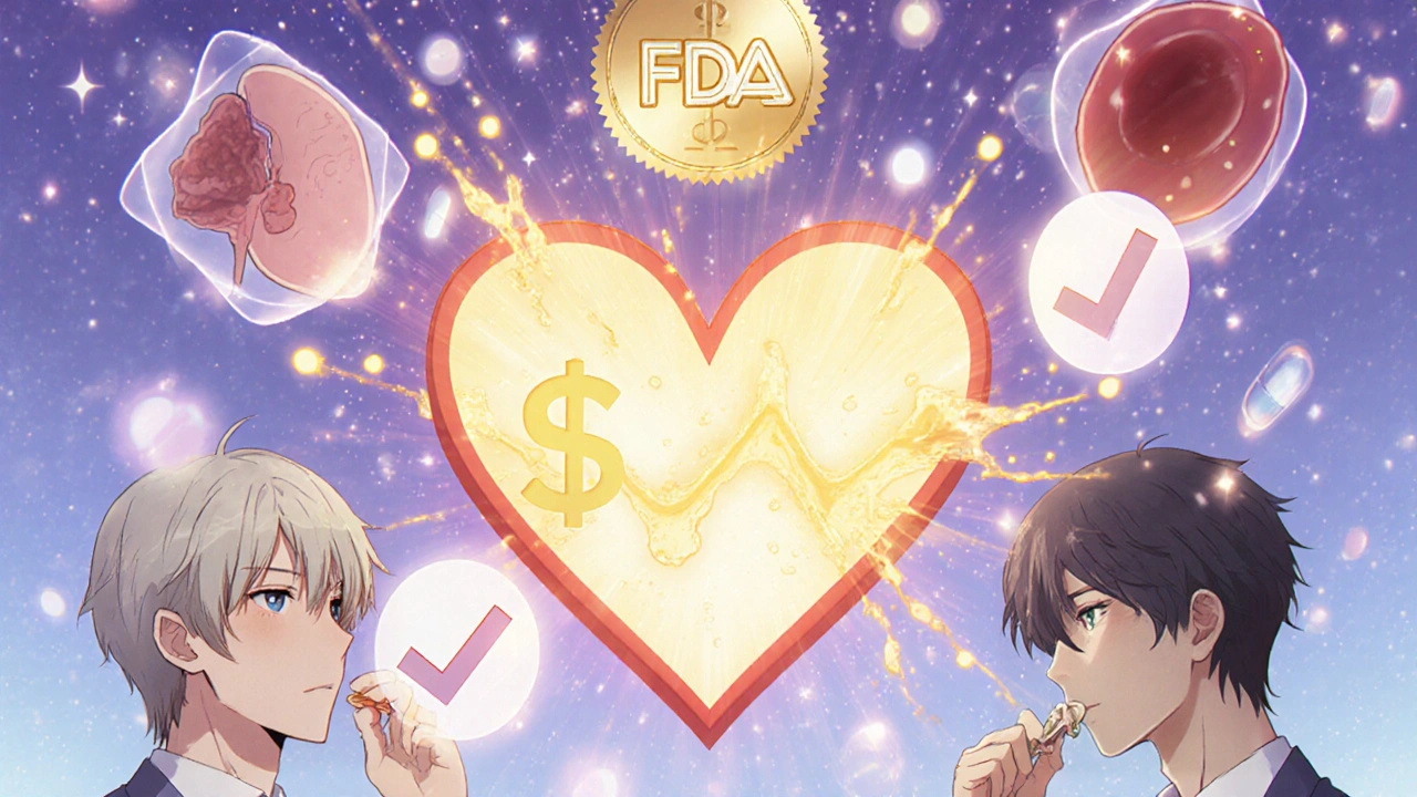 A heart-shaped pill dissolving into light with medical icons floating around it, symbolizing trust and healing in anime style.