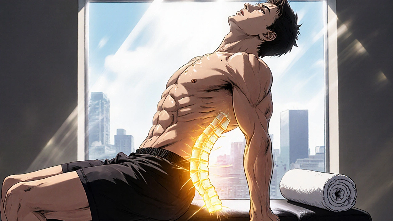 A man arching his back in a McKenzie extension, golden light highlighting nerve relief in his lower back.