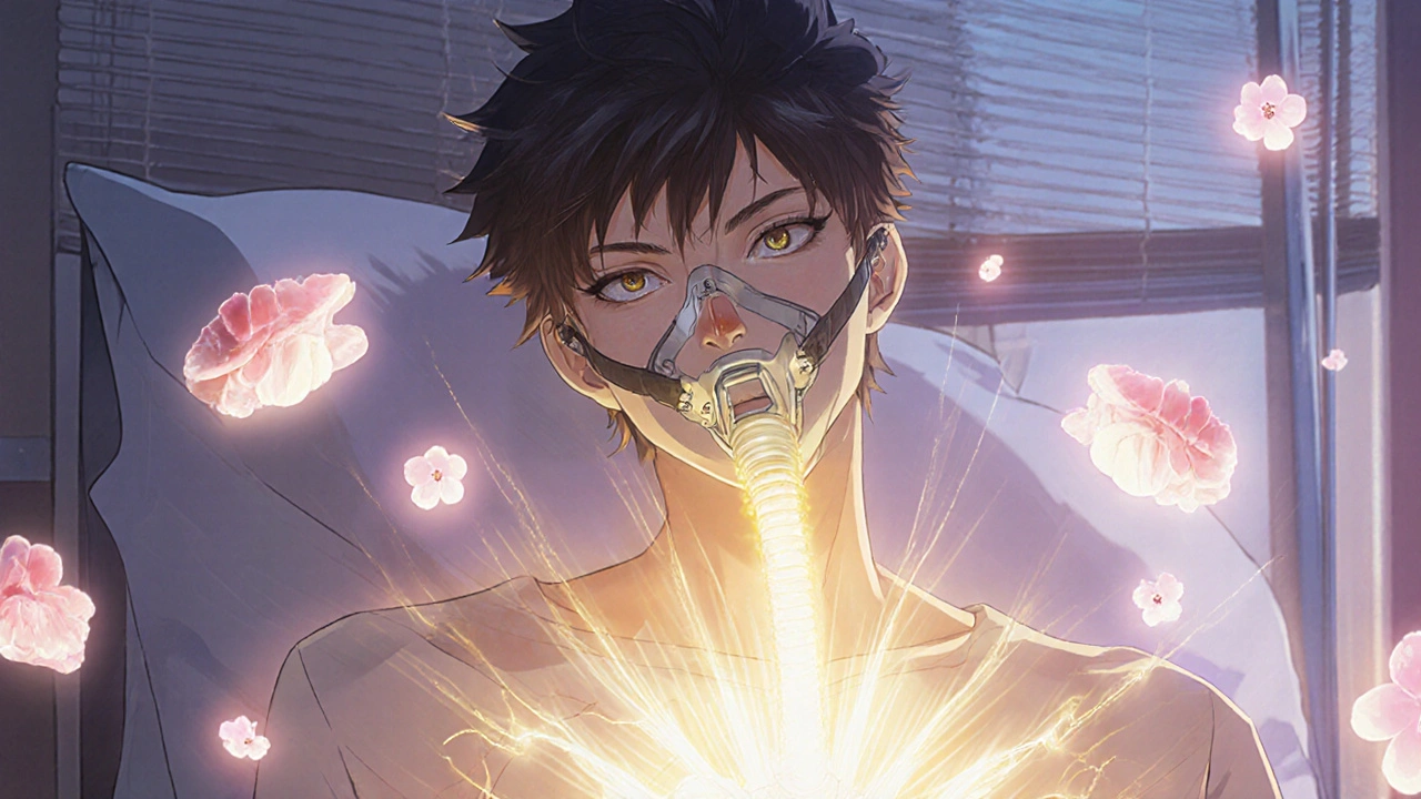 A man using CPAP therapy as healing light mends his heart and lowers blood pressure.