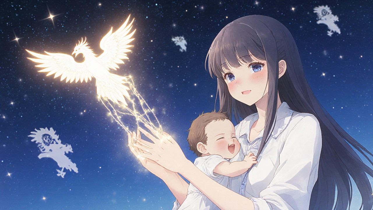 A mother smiles with her baby under a starry sky, connected by glowing threads to a phoenix symbolizing recovery and hope.