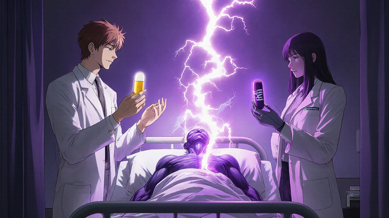 A neurologist and psychiatrist hold opposing pills, their energies clashing as a patient’s neural pathways fracture.