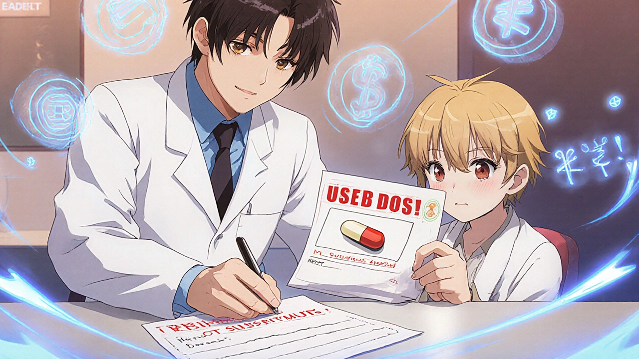 A neurologist writes &#039;Do Not Substitute&#039; on a prescription as a patient clutches a photo of their pill, with floating symbols of danger around them.