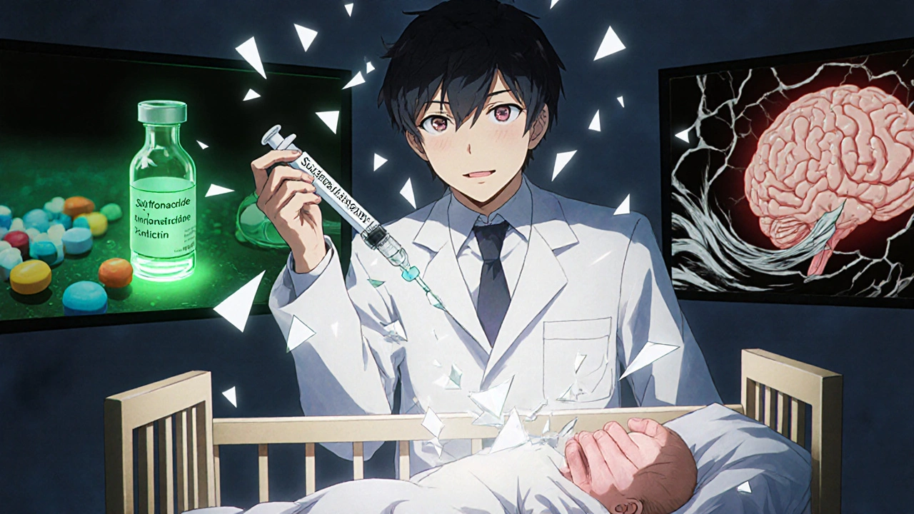 A pediatrician holding a shattered sulfonamide syringe above a crying infant, with safe antibiotics glowing green in the background.