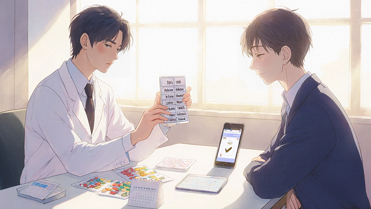 A pharmacist and patient together at a table with pill organizer, photos of pills, and a medication app, in warm sunlight.