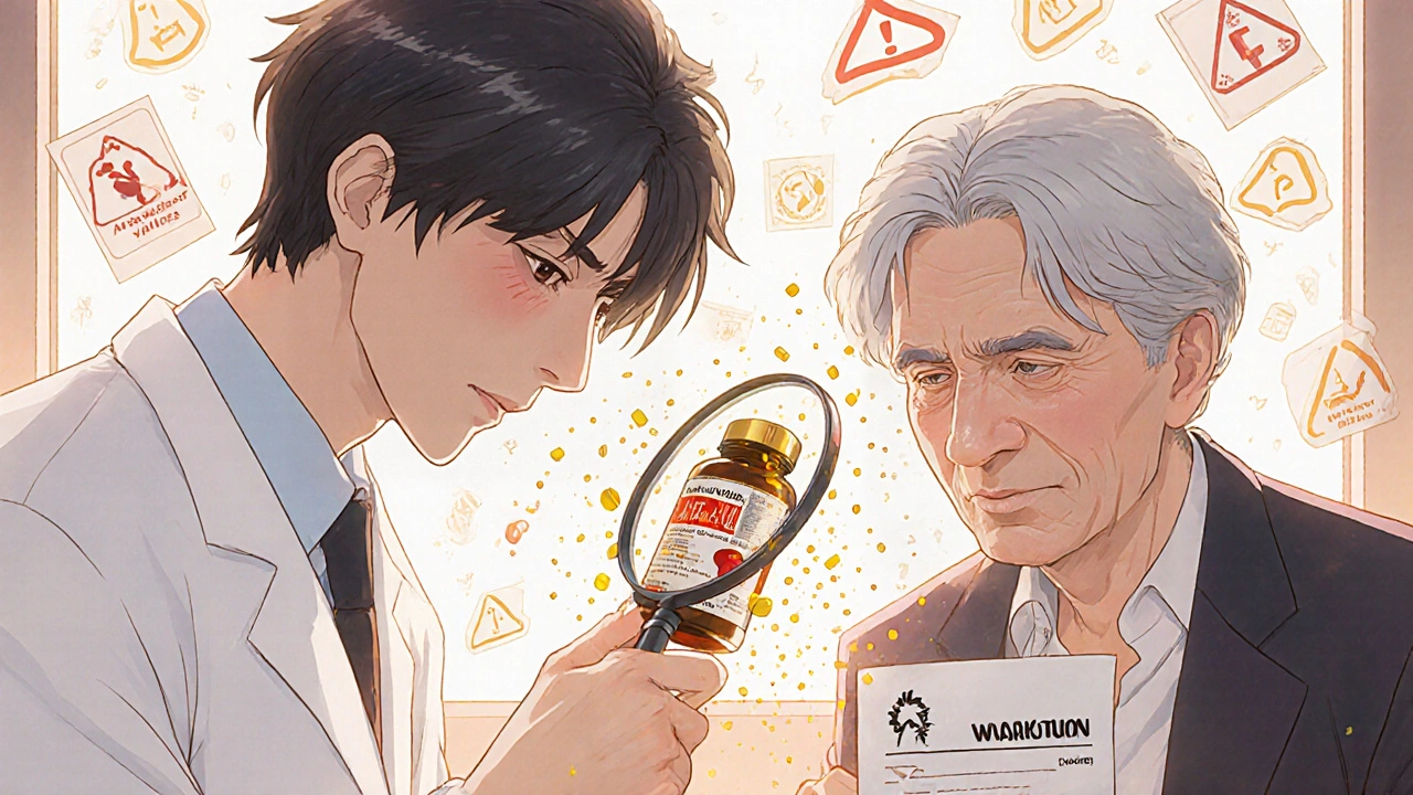 A pharmacist uses a magnifying glass to reveal dangerous interactions inside a ginkgo biloba capsule beside an elderly patient.