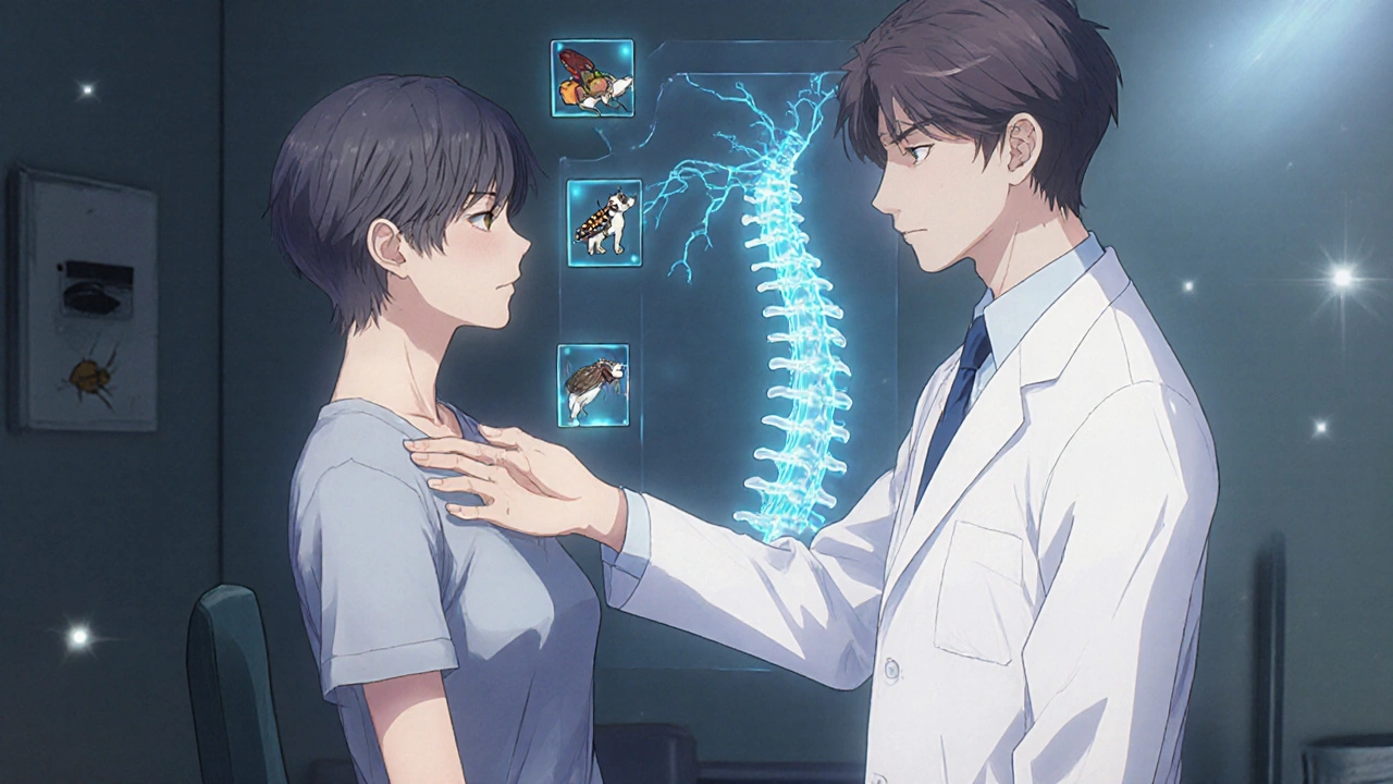 A therapist and patient performing scapular retraction with glowing neural pathways between them.