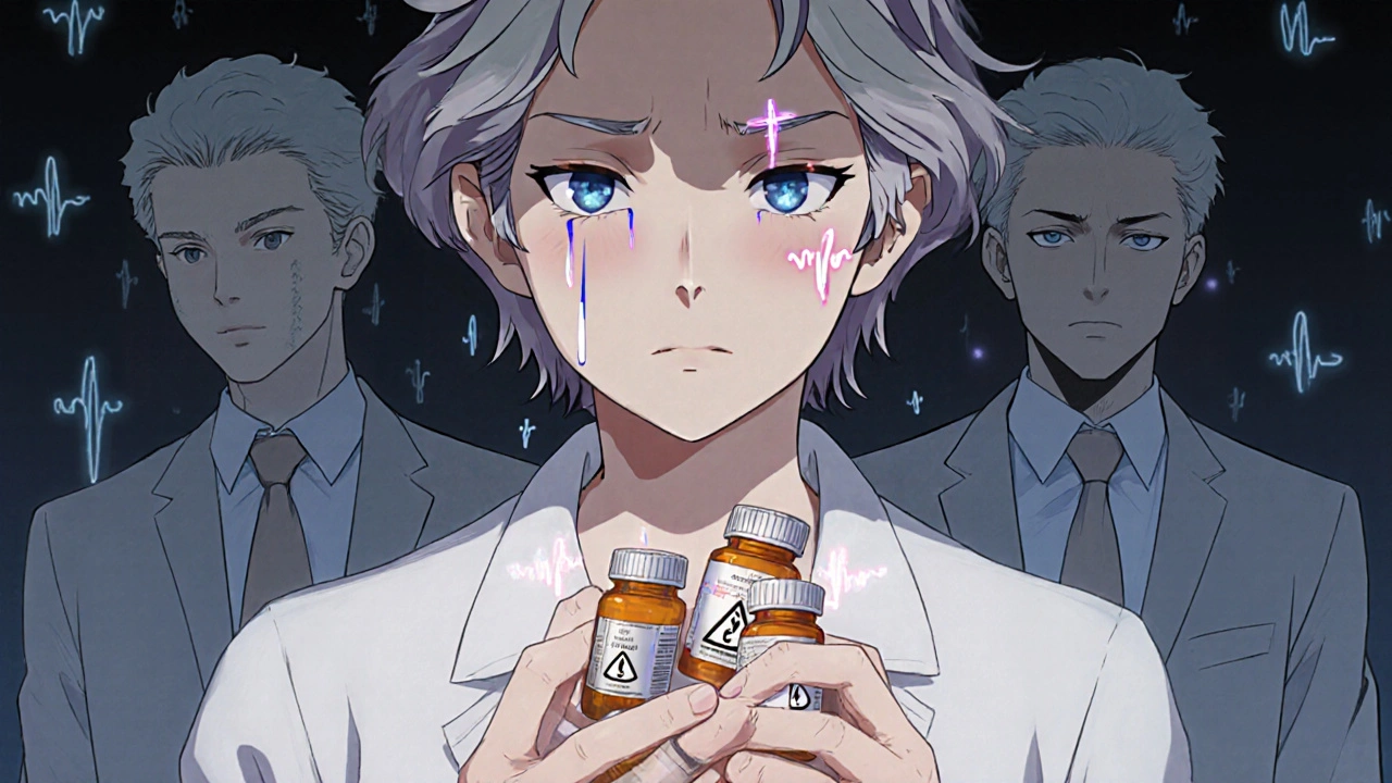 An elderly woman holds multiple pill bottles with warning symbols, surrounded by fading male figures from clinical trials.