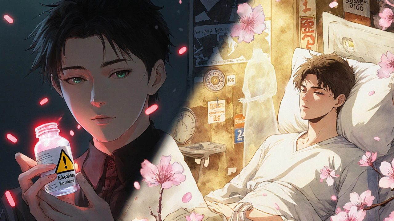 Contrasting image of illicit benzo pill and hospitalized patient with glowing clock symbolizing extended monitoring.