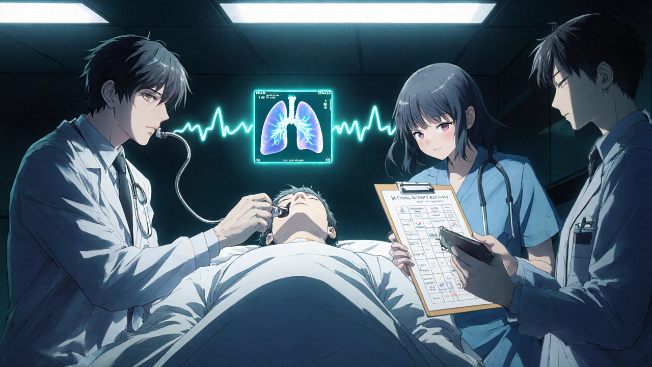 ER team using ultrasound and checking sedation scale, no antidote, focused on supportive care.