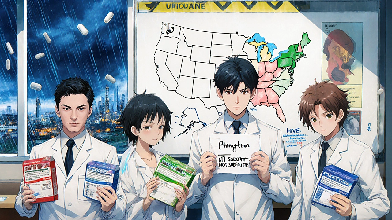 Group of pharmacists reviewing NTI substitution laws on a whiteboard under stormy skies.