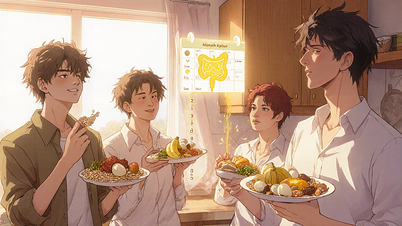 Group of young adults in kitchen with healthy foods and glowing gut health app.