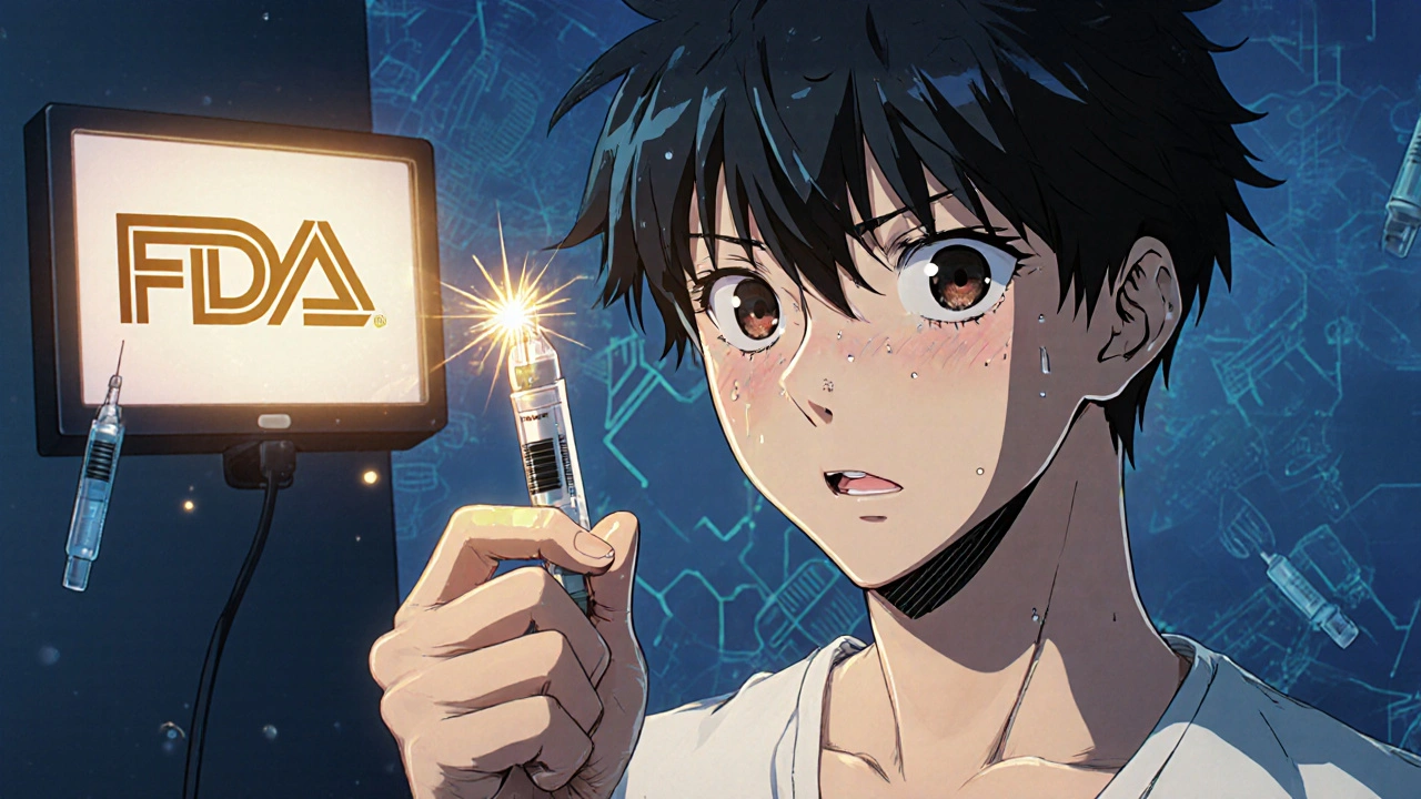 Hand struggling to inject with generic insulin pen as golden light erupts from the brand pen beside it.