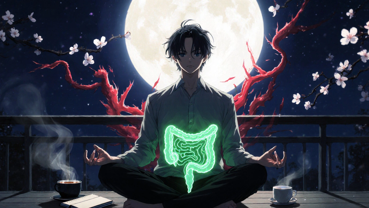 Man meditating at night with peaceful colon glow, red inflammation fading, cherry blossoms drifting around him.