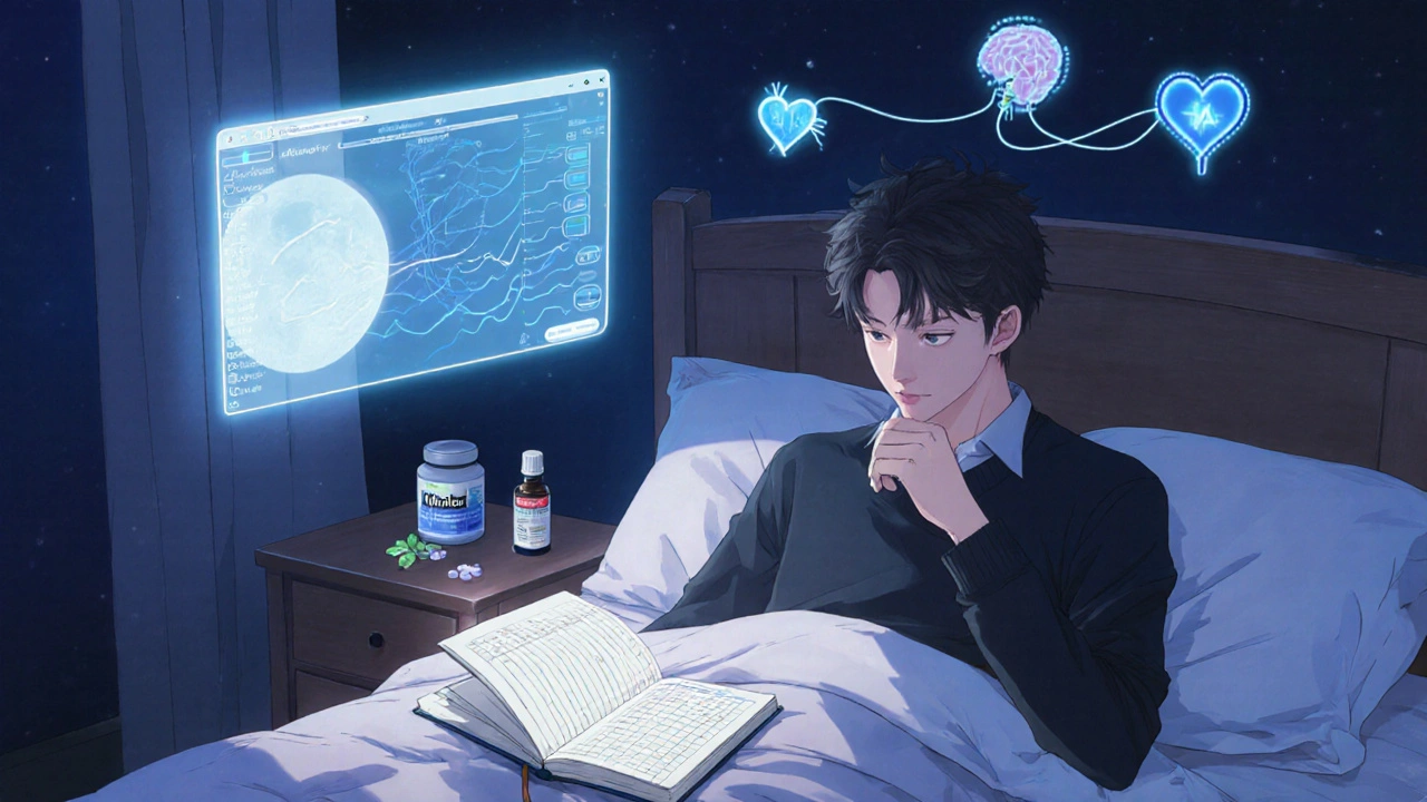 Man taking medication at night, tracking symptoms in journal with calming app glow.