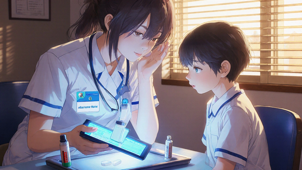 Nurse verifies medication on digital tablet as child calmly listens to explanation.