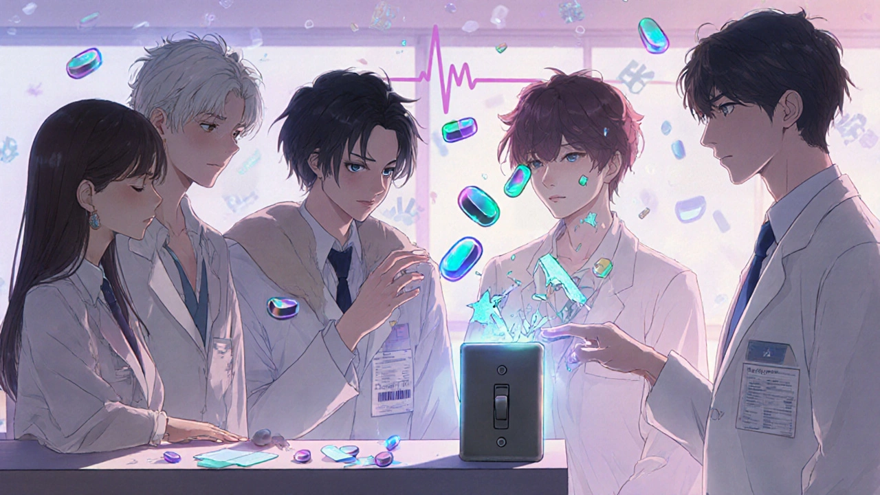 Patients at a pharmacy, one pill shattering mid-air as a glowing hand stops the switch, surrounded by floating medical icons and a heartbeat line.