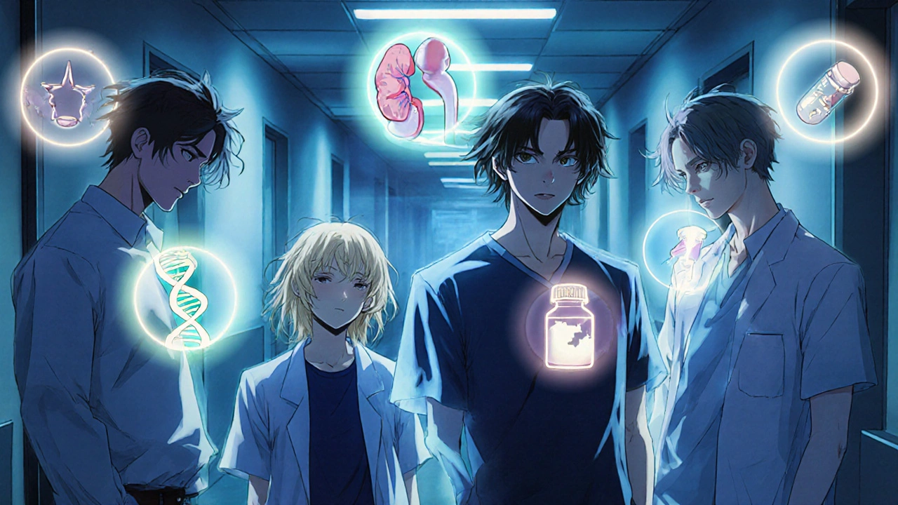Patients stand in a hospital corridor, each surrounded by glowing symbols of their genetic and medical risks.