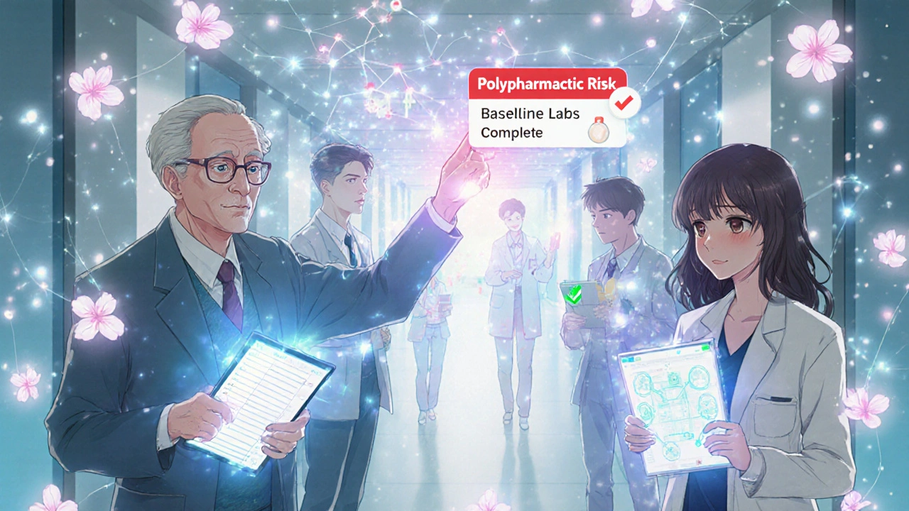 Patients with glowing symptom logs and AI health charts in hospital hallway.