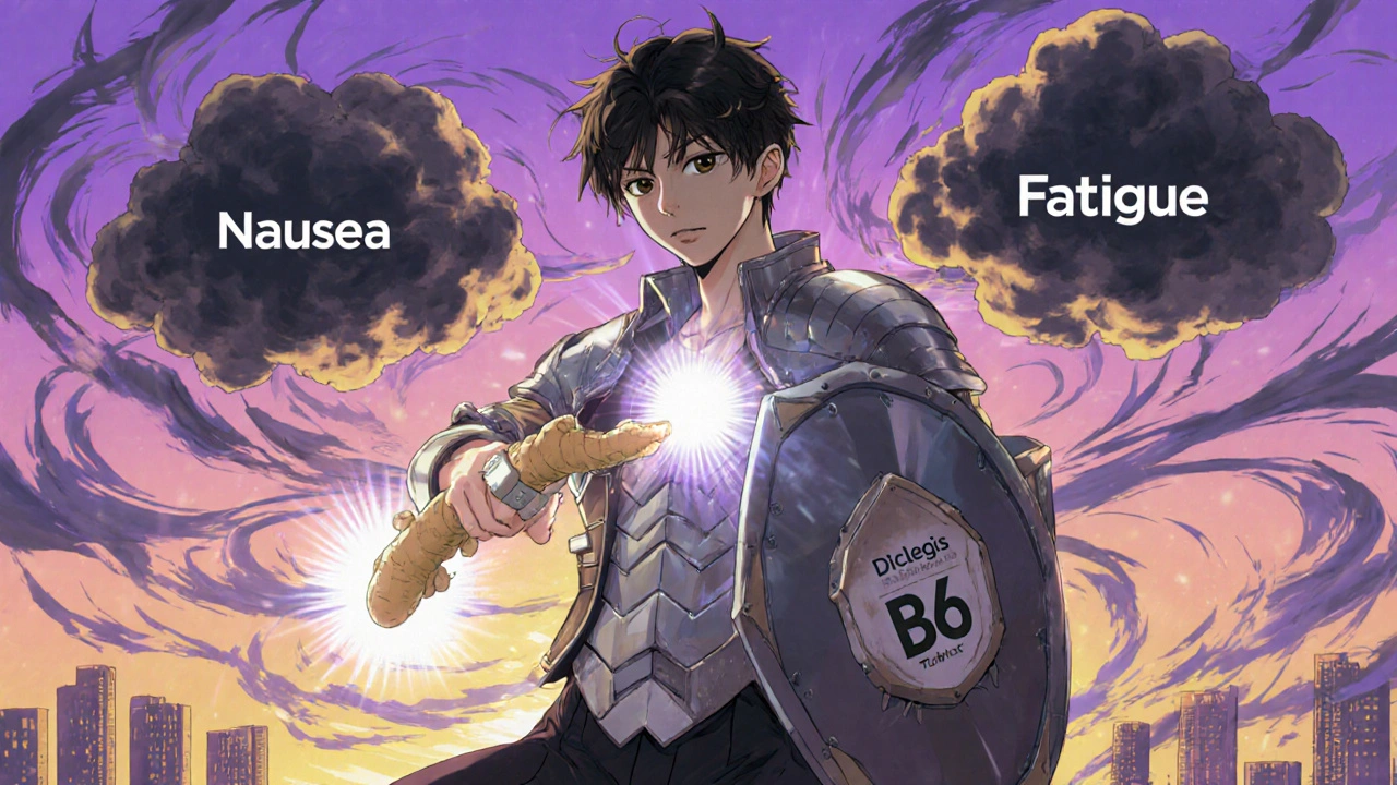 Person fighting nausea with ginger, B6, and acupressure bands as weapons, Diclegis as protective armor.