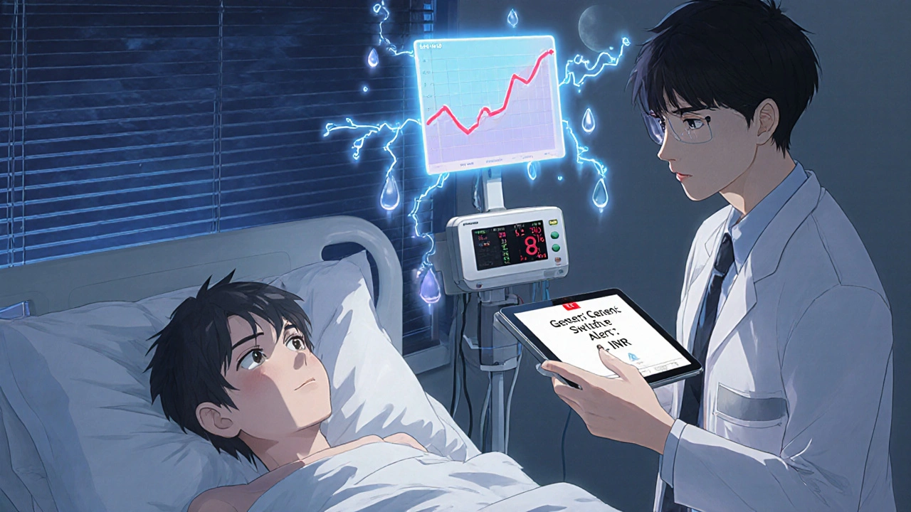 Pharmacist monitoring a patient&#039;s INR levels at night with a glowing blood trend graph.