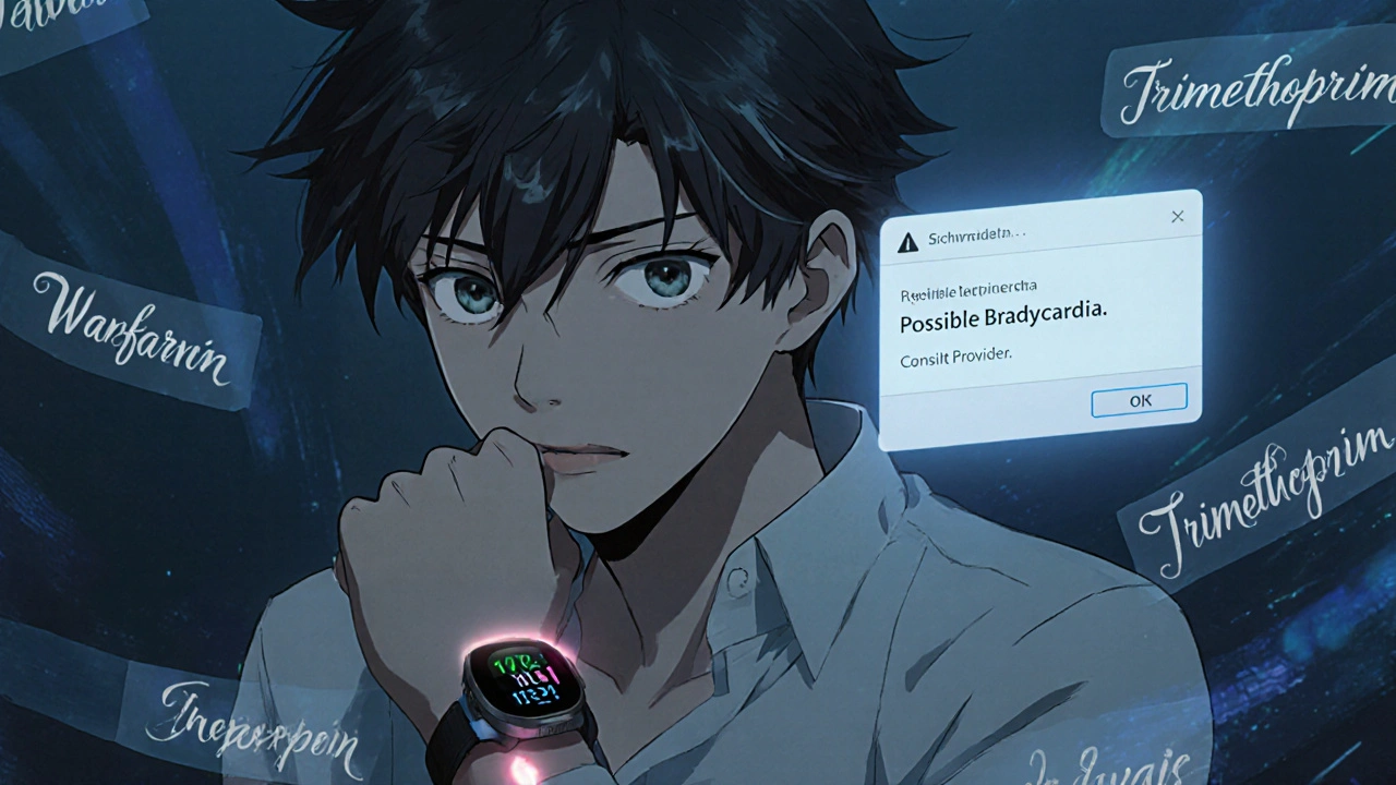 Smartwatch alerting user to possible bradycardia from medication.