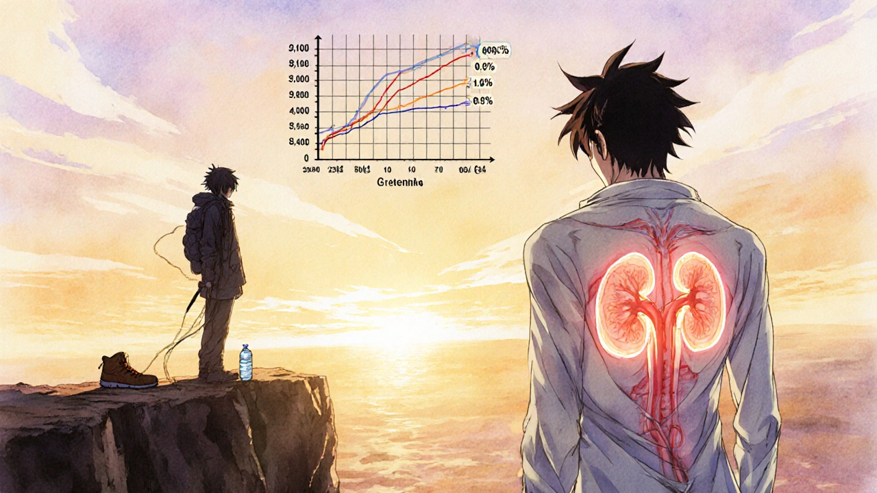 Survivor at sunrise with healed kidneys, shadow of past illness behind him.