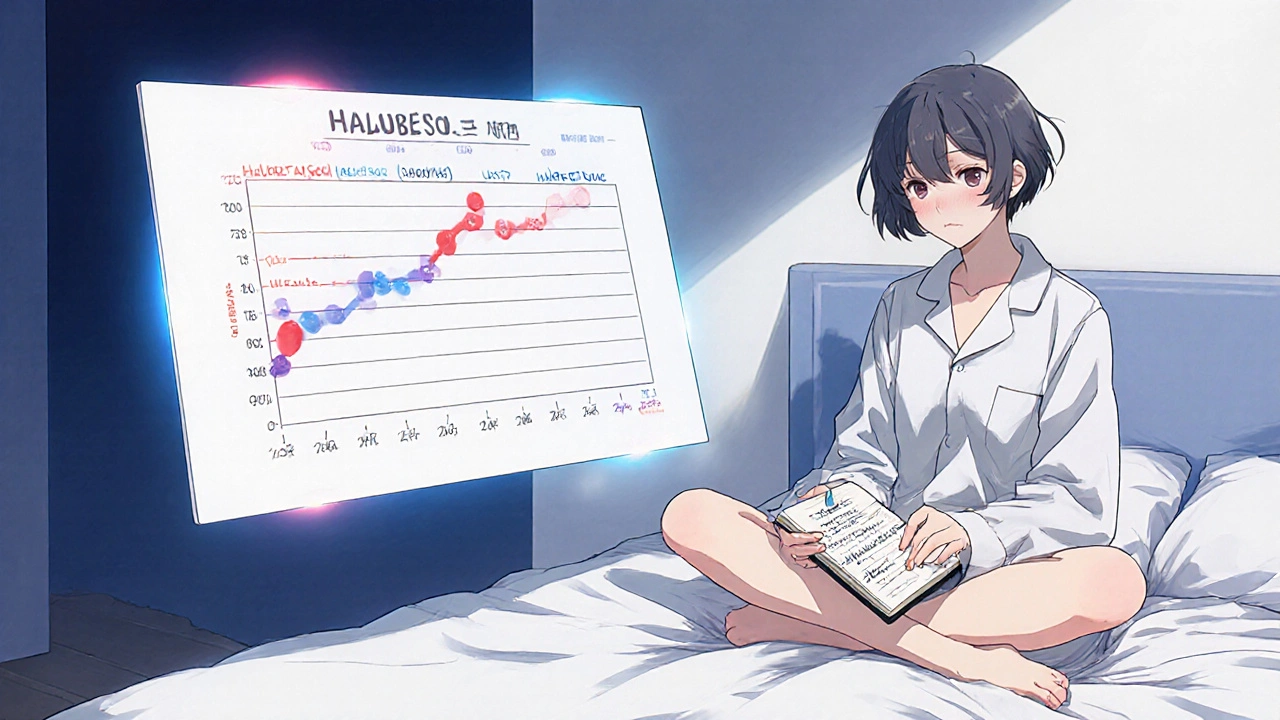 Teen tracking steroid taper progress in a journal under moonlight, fading red warning signs turning blue.