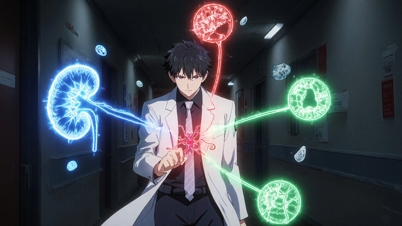 Three colored pathways representing AKI causes branching from a kidney icon.