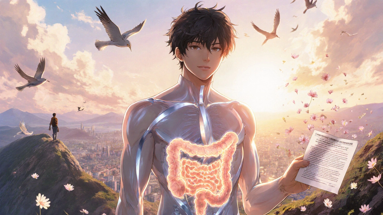 Triumphant young man on mountain ridge, healthy colon visible, scar like silver ribbon, birds flying overhead.