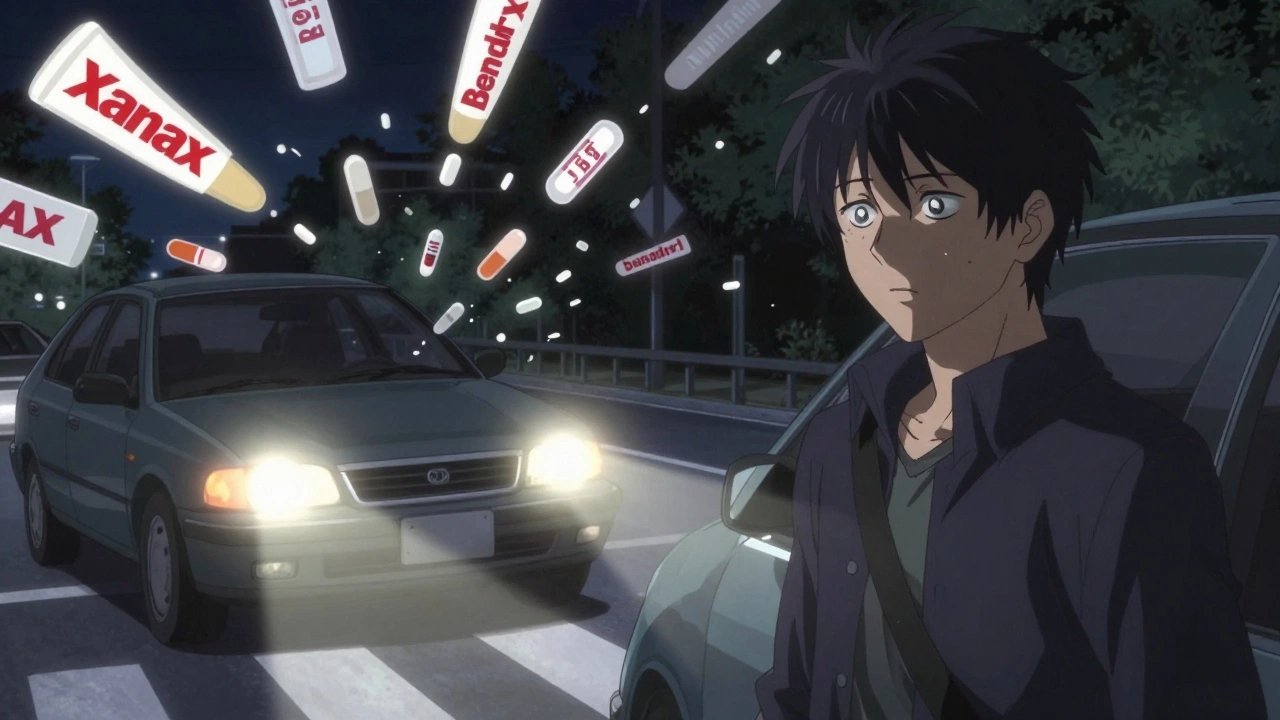 A car swerves near a pedestrian at night, surrounded by ghostly drug symbols, while the driver sleeps peacefully behind the wheel.