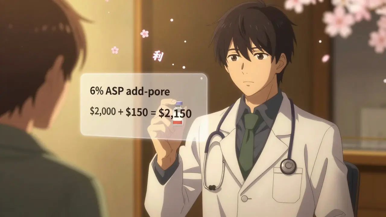 A doctor and patient beside a floating formula showing reimbursement differences between biosimilar and brand drug.