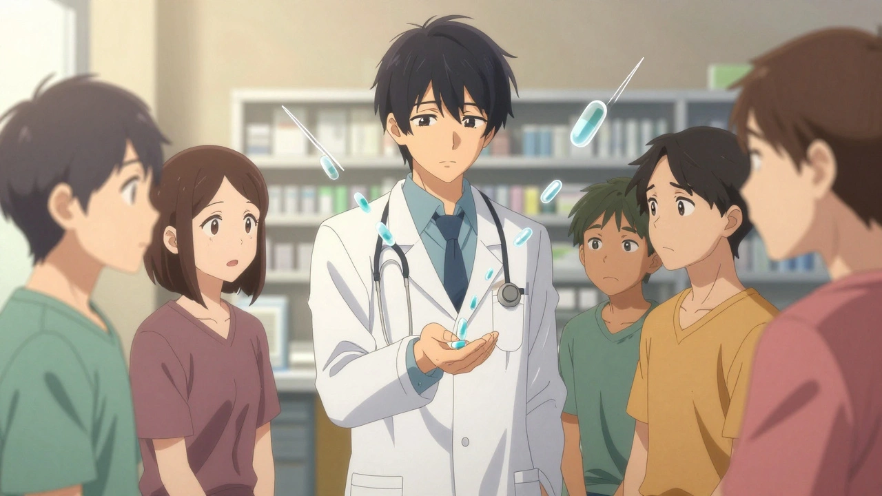 A doctor gives a combination pill to patients, with floating pills merging into one.