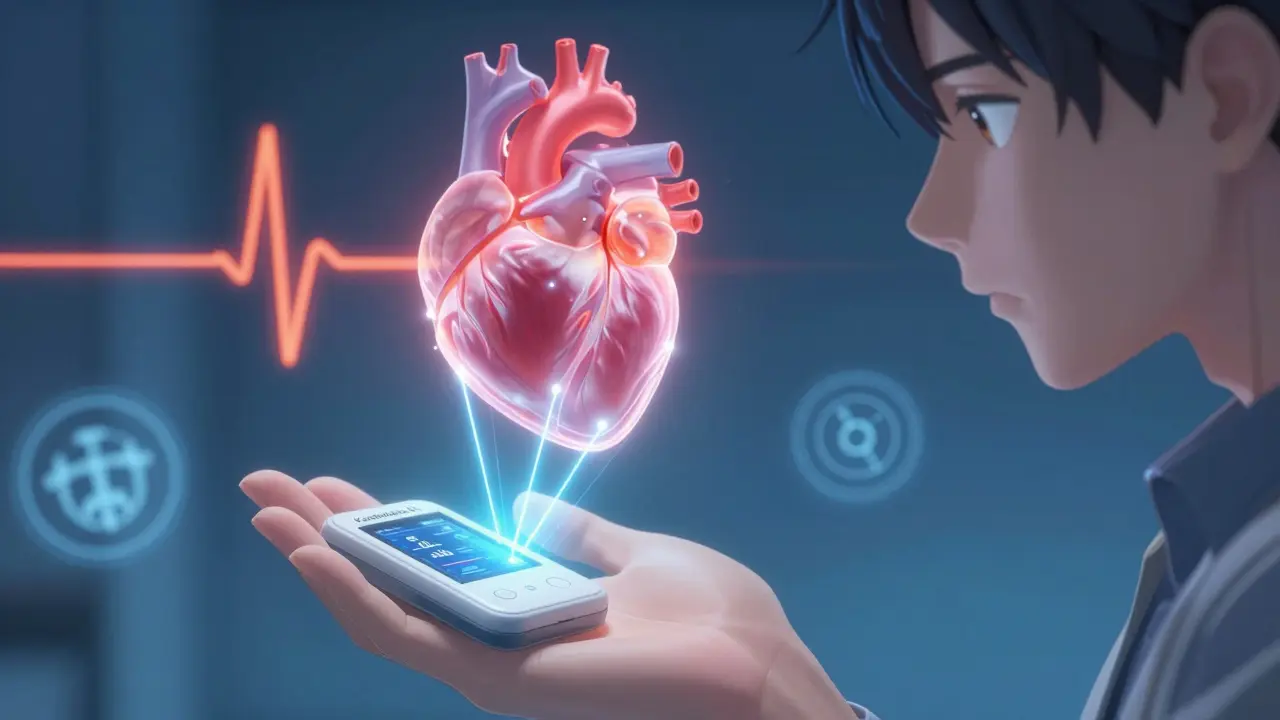 A hand uses a KardiaMobile 6L device as glowing heart lines analyze QT intervals.