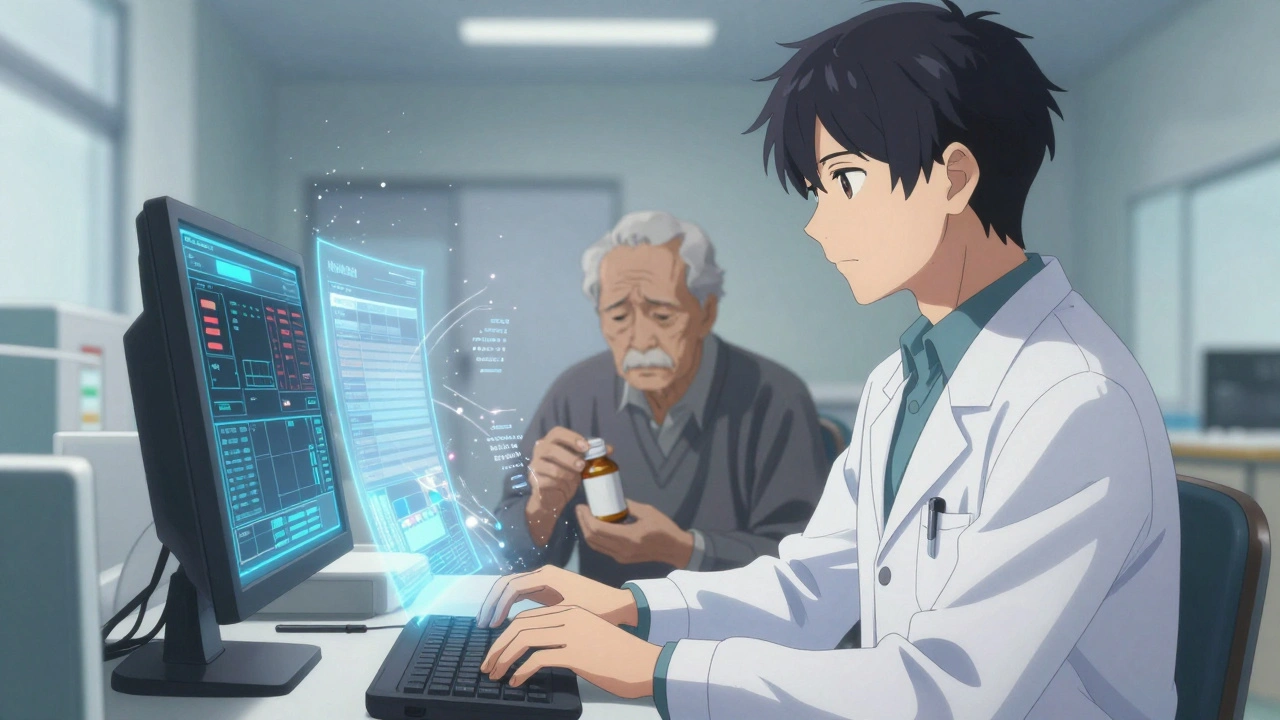 A healthcare worker using an electronic system to file a MedWatch report in a hospital room.