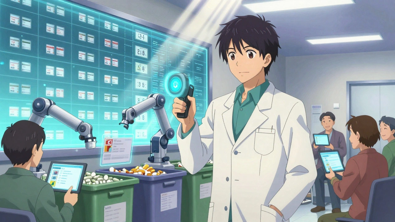 A heroic figure scans lot numbers as expired medications are safely disposed of.