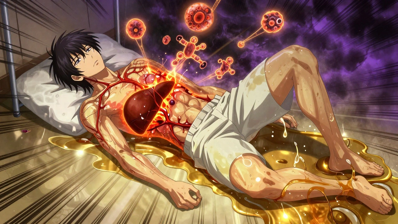 A hospitalized man with an inflamed, crimson liver as immune warriors fight inside his body.