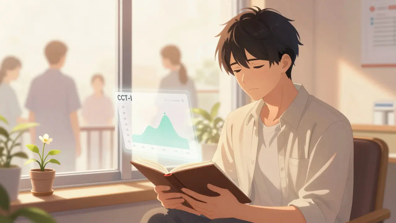 A man journals in morning sunlight, calm and hopeful, with a CBT-I progress app floating softly beside him.