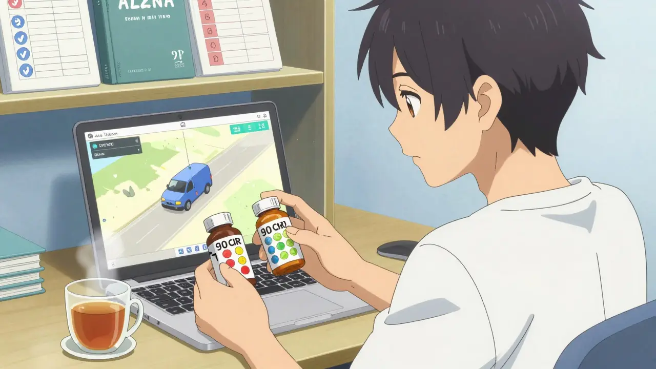 A man reviews his 90-day medication supply with a GPS delivery tracker on his laptop.