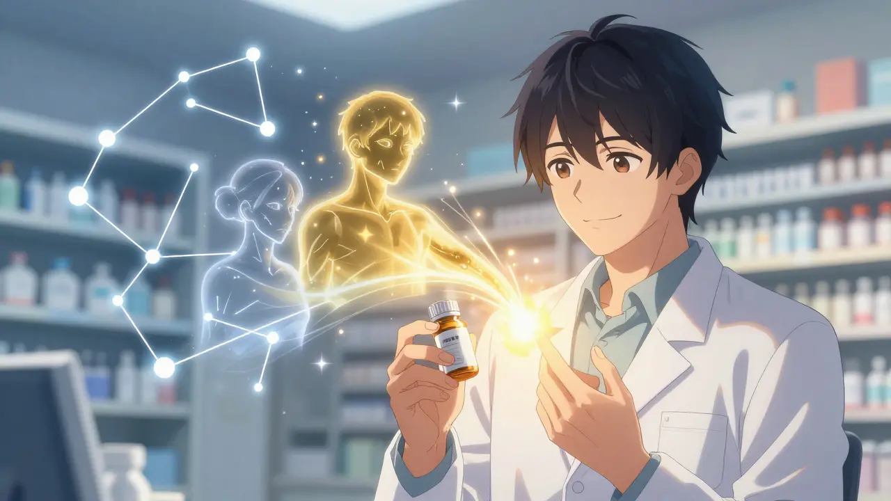 A patient holding a pill bottle as brand and generic drug forms merge into a radiant light.