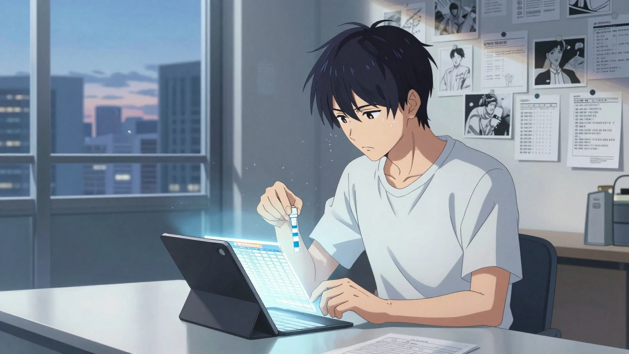 A person organizes medication samples and expiration dates on a glowing spreadsheet.