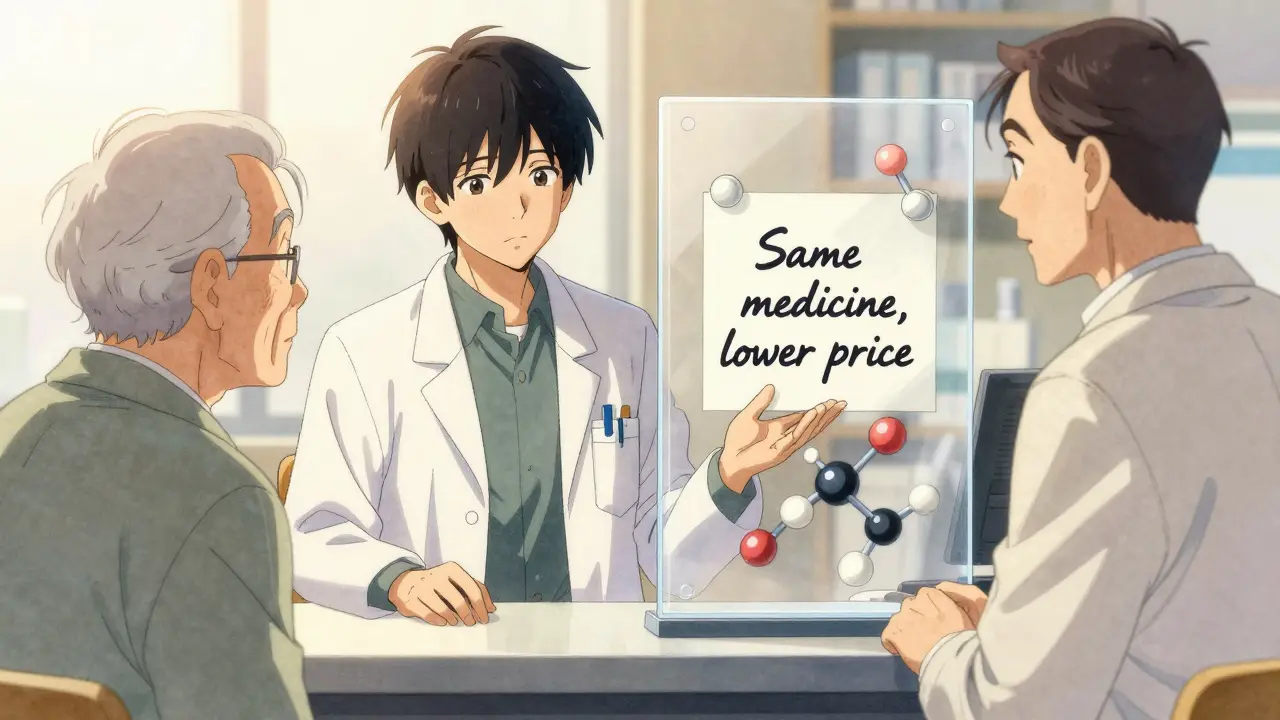 A pharmacist and patient stand at a counter as generic and brand pills transform into identical molecules.
