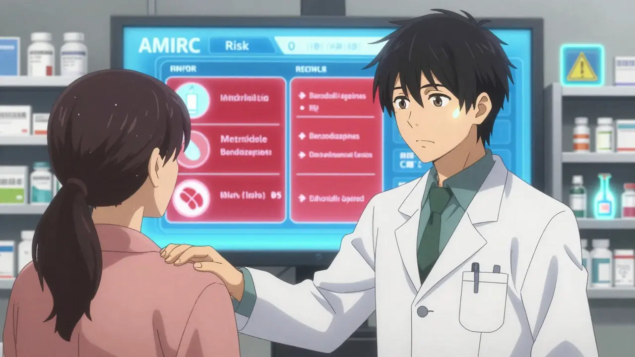 A pharmacist and patient view a digital risk calculator showing dangerous medication-alcohol interactions.