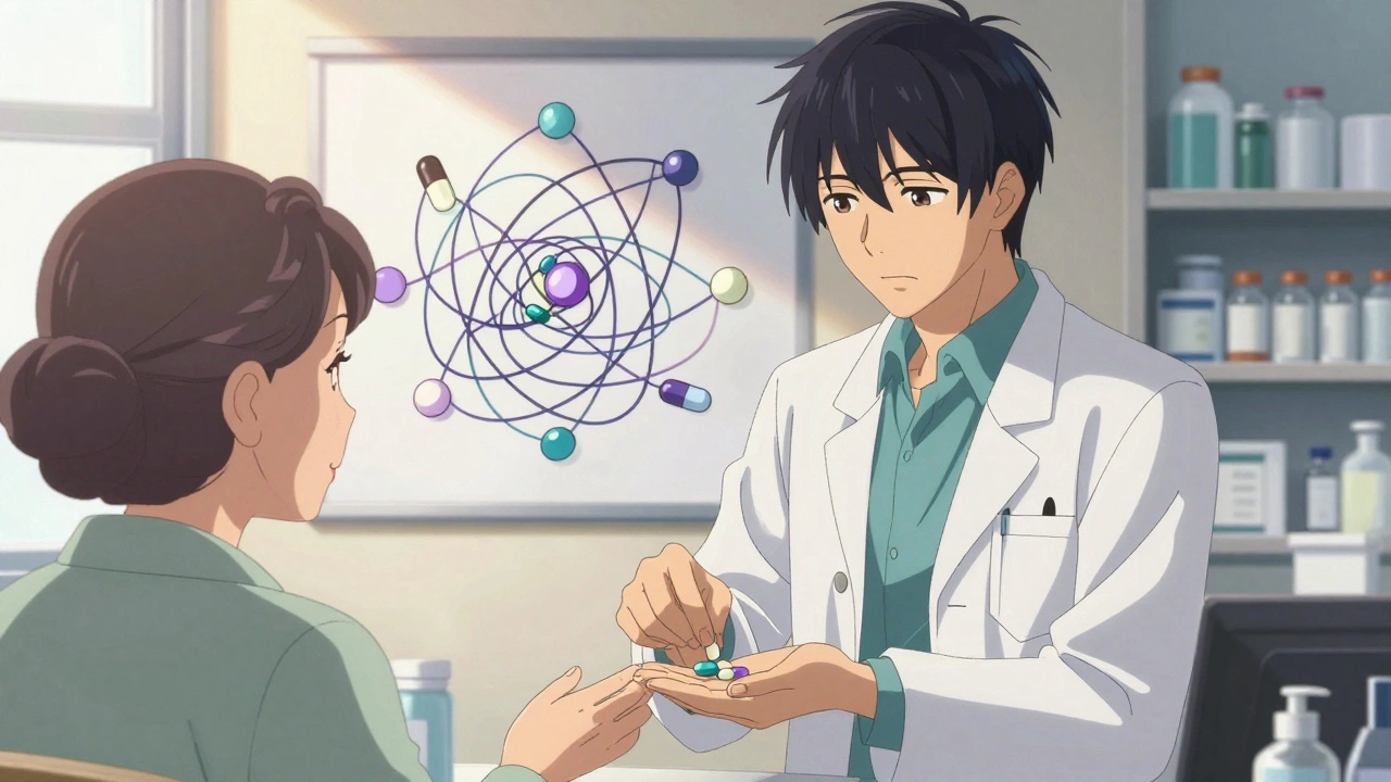 A pharmacist gives two combination pills to a senior woman in a sunlit clinic.