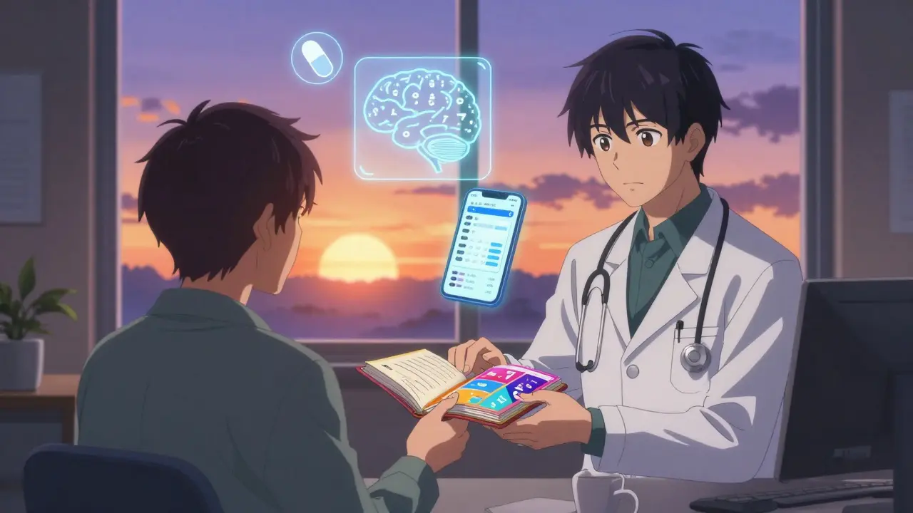 A psychiatrist and patient exchange a mood journal at dawn, with symbolic icons floating in the background.