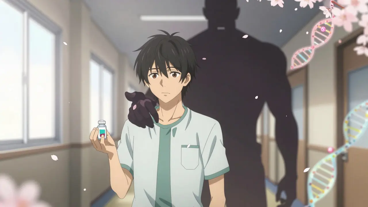 A recovering individual hesitates before taking a small new dose, with a shadowy past self looming behind, cherry blossoms symbolizing hope.