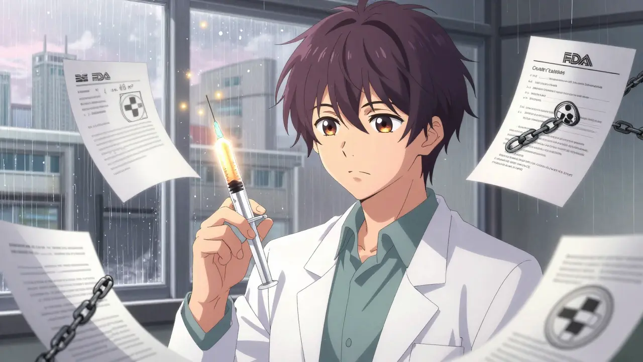 A researcher surrounded by legal chains binding a generic drug symbol, glowing with golden light.