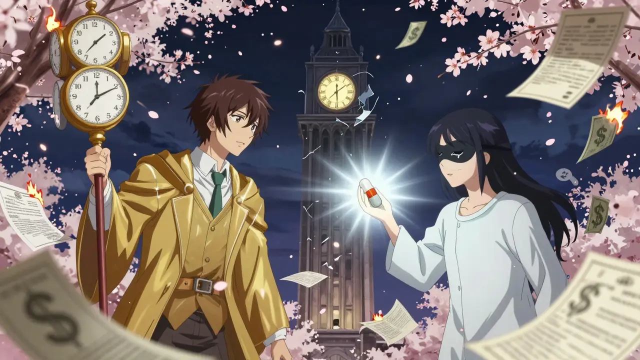 A symbolic battle between corporate power and a patient holding a generic pill, cherry blossoms falling.
