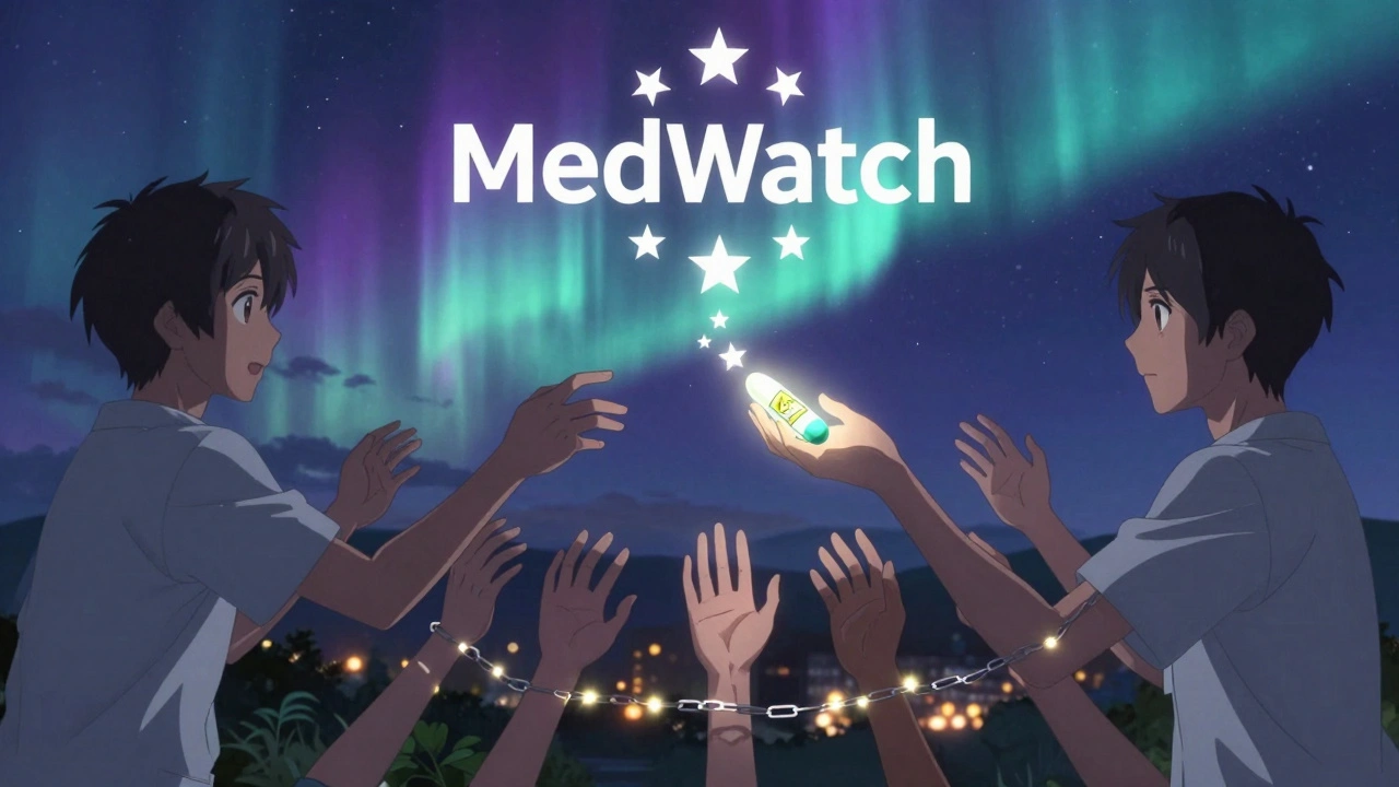 A symbolic chain of hands passing a glowing pill that turns into a safety warning under a starry sky.