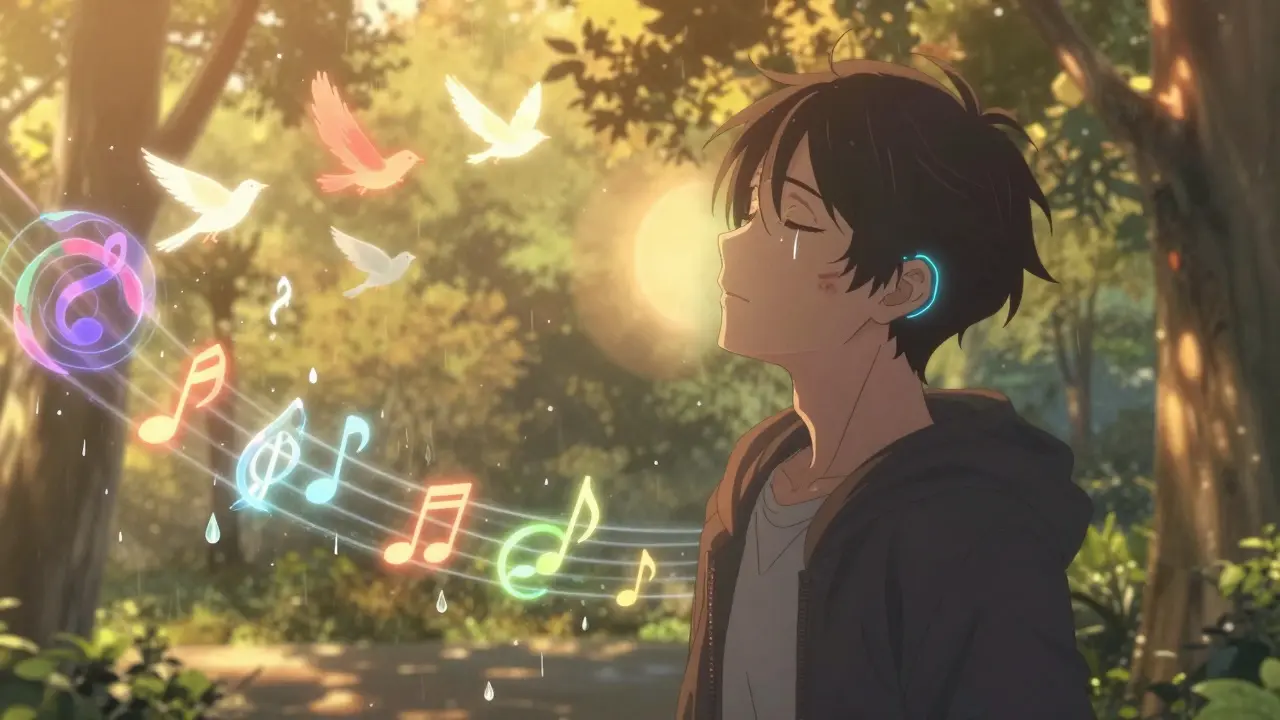A teen in a sunlit park experiencing sound as colorful, glowing ripples for the first time.