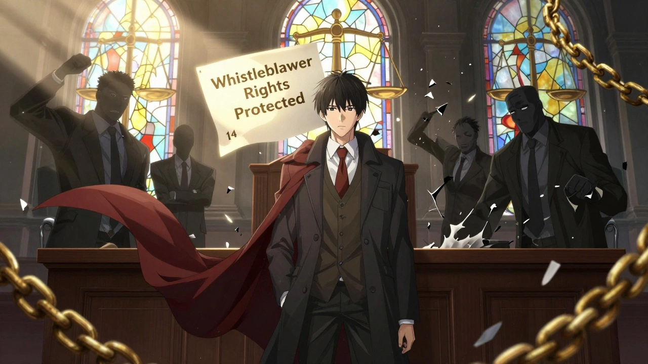 A whistleblower stands confidently in court as corporate shadows crumble, with a legal notice glowing in the air.